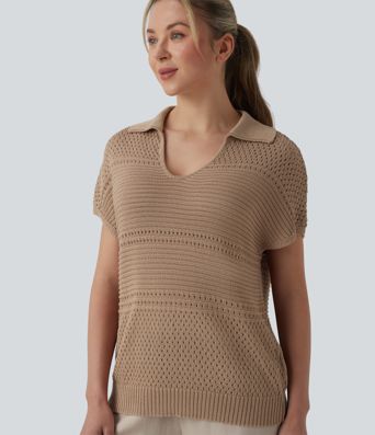 V-neck Batwing Short Sleeve Resort Crochet Jumper