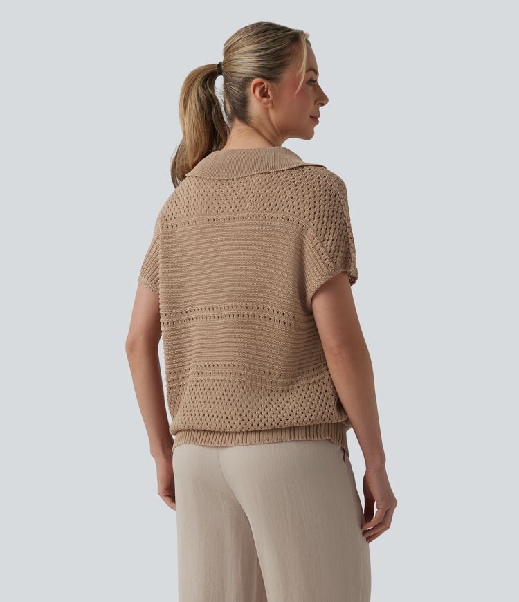 V-neck Batwing Short Sleeve Resort Crochet Jumper