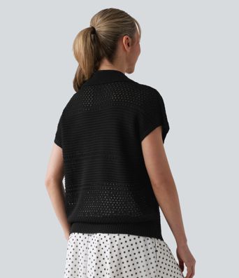 V-neck Batwing Short Sleeve Resort Crochet Jumper