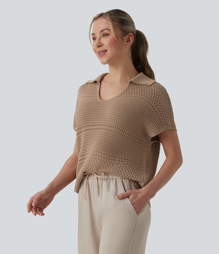 V-neck Batwing Short Sleeve Resort Crochet Jumper