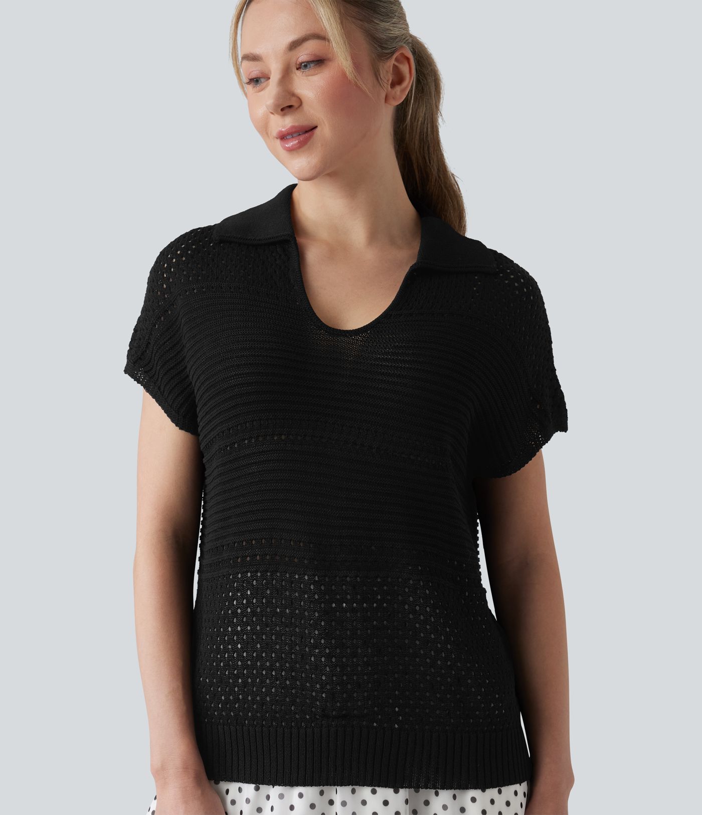 V-neck Batwing Short Sleeve Resort Crochet Jumper