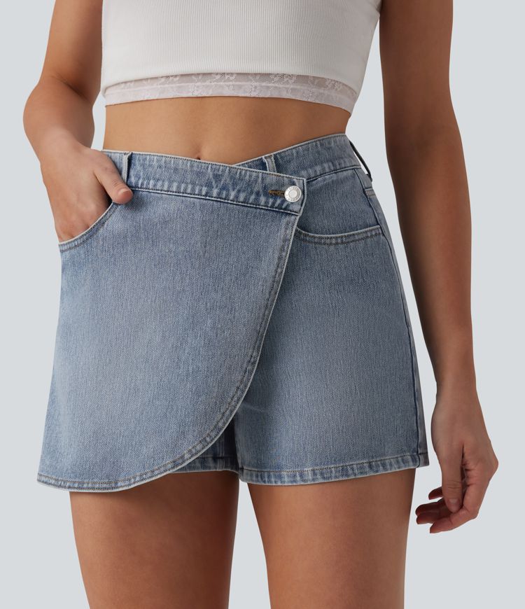 Halara Flex™ Asymmetrischer Skort aus Denim mit mittlerer Bundhöhe, lässig, mit Taschen