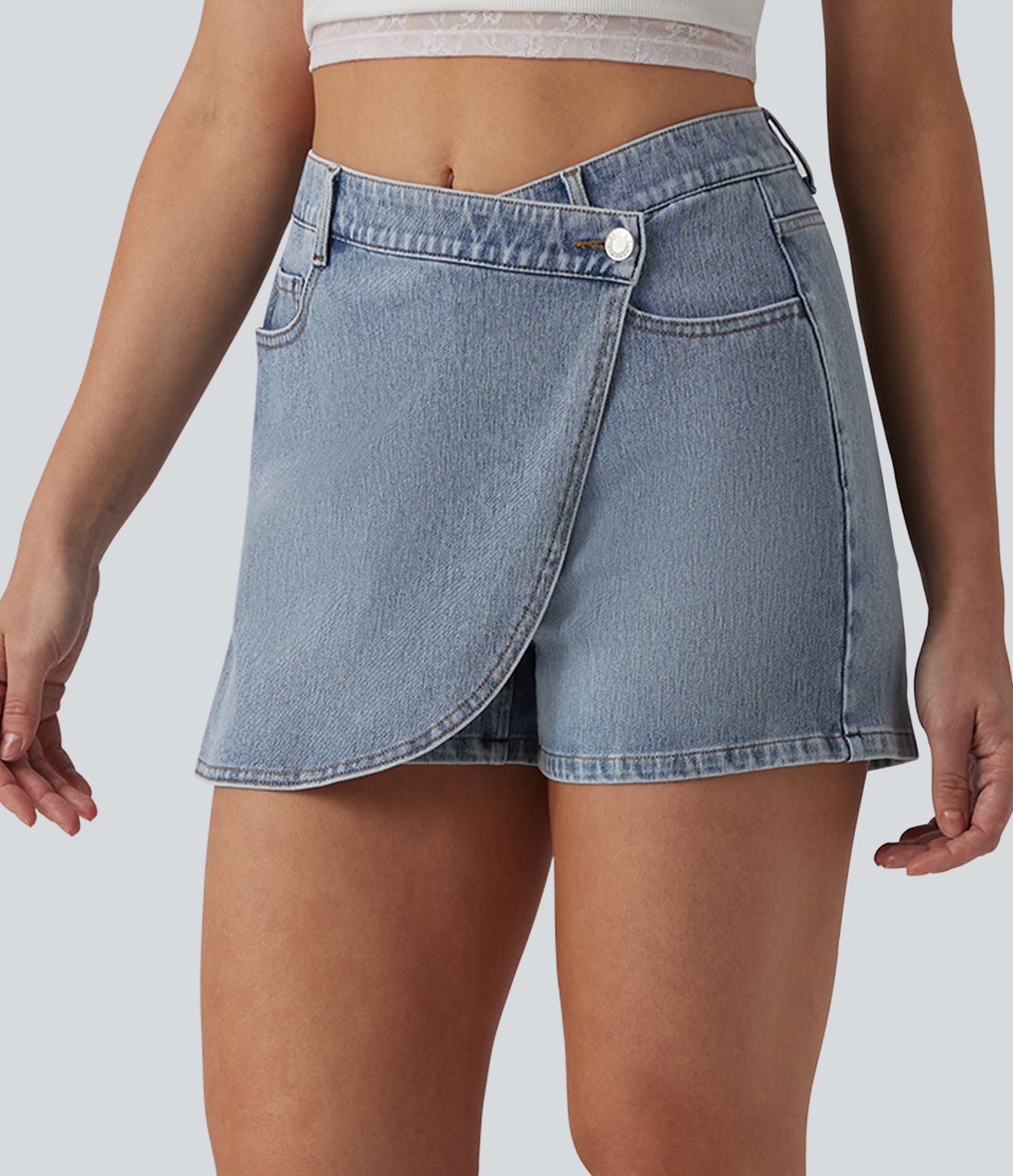 Halara Flex™ Asymmetrischer Skort aus Denim mit mittlerer Bundhöhe, lässig, mit Taschen