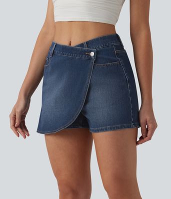 Jupe-short denim Halara Flex™ asymétrique casual taille mi-haute avec poches