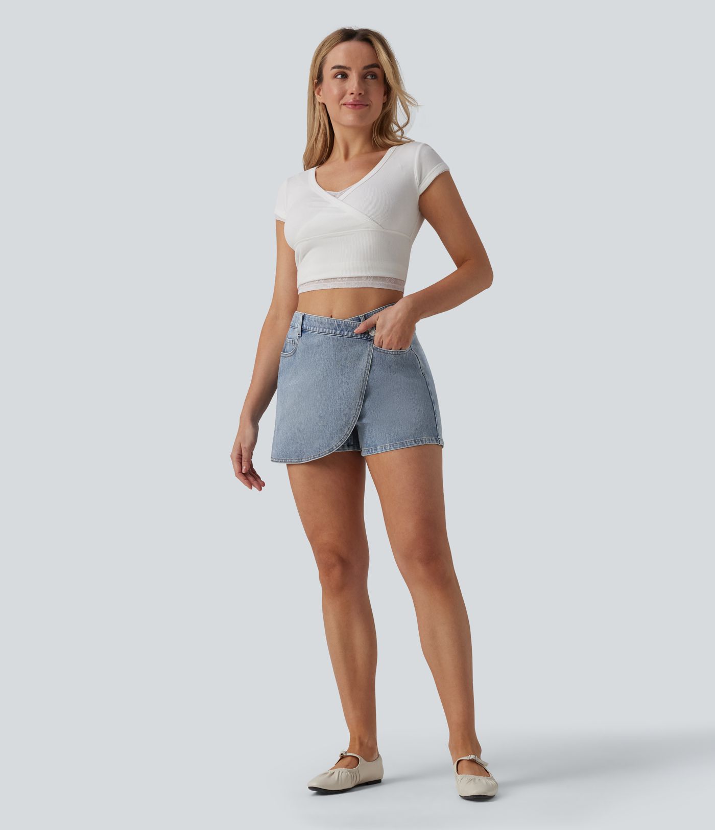 Halara Flex™ Asymmetrischer Skort aus Denim mit mittlerer Bundhöhe, lässig, mit Taschen