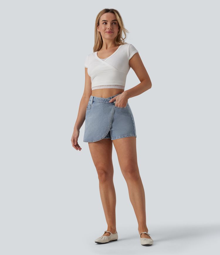 Halara Flex™ Asymmetrischer Skort aus Denim mit mittlerer Bundhöhe, lässig, mit Taschen