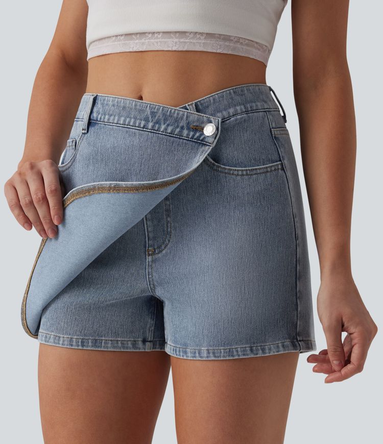 Halara Flex™ Asymmetrischer Skort aus Denim mit mittlerer Bundhöhe, lässig, mit Taschen