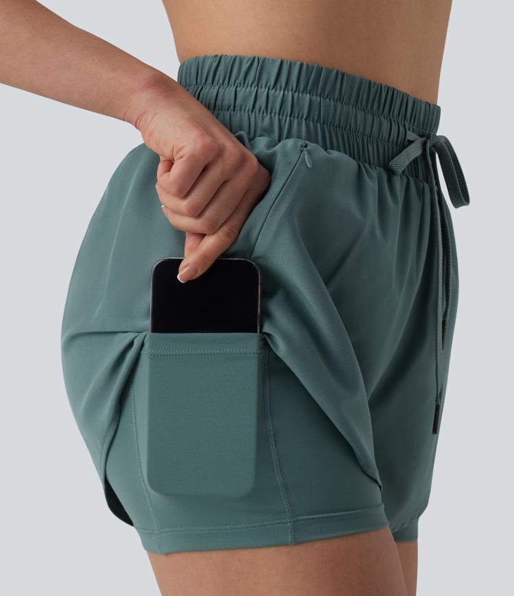 High Waisted Drawstring 2-in-1 Running Shorts with Pockets High Waisted Drawstring 2-in-1 Running Shorts with Pockets