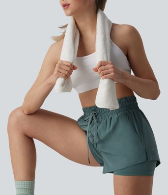High Waisted Drawstring 2-in-1 Running Shorts with Pockets High Waisted Drawstring 2-in-1 Running Shorts with Pockets