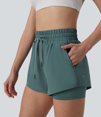 High Waisted Drawstring 2-in-1 Running Shorts with Pockets High Waisted Drawstring 2-in-1 Running Shorts with Pockets