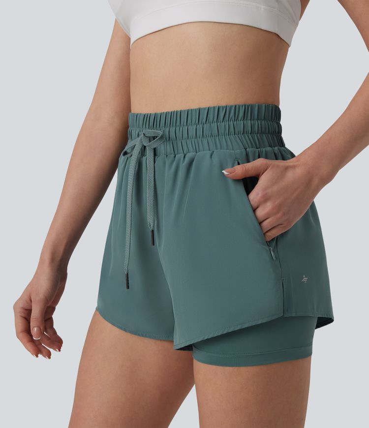 High Waisted Drawstring 2-in-1 Running Shorts with Pockets High Waisted Drawstring 2-in-1 Running Shorts with Pockets