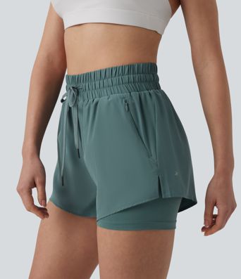 High Waisted Drawstring 2-in-1 Running Shorts with Pockets High Waisted Drawstring 2-in-1 Running Shorts with Pockets
