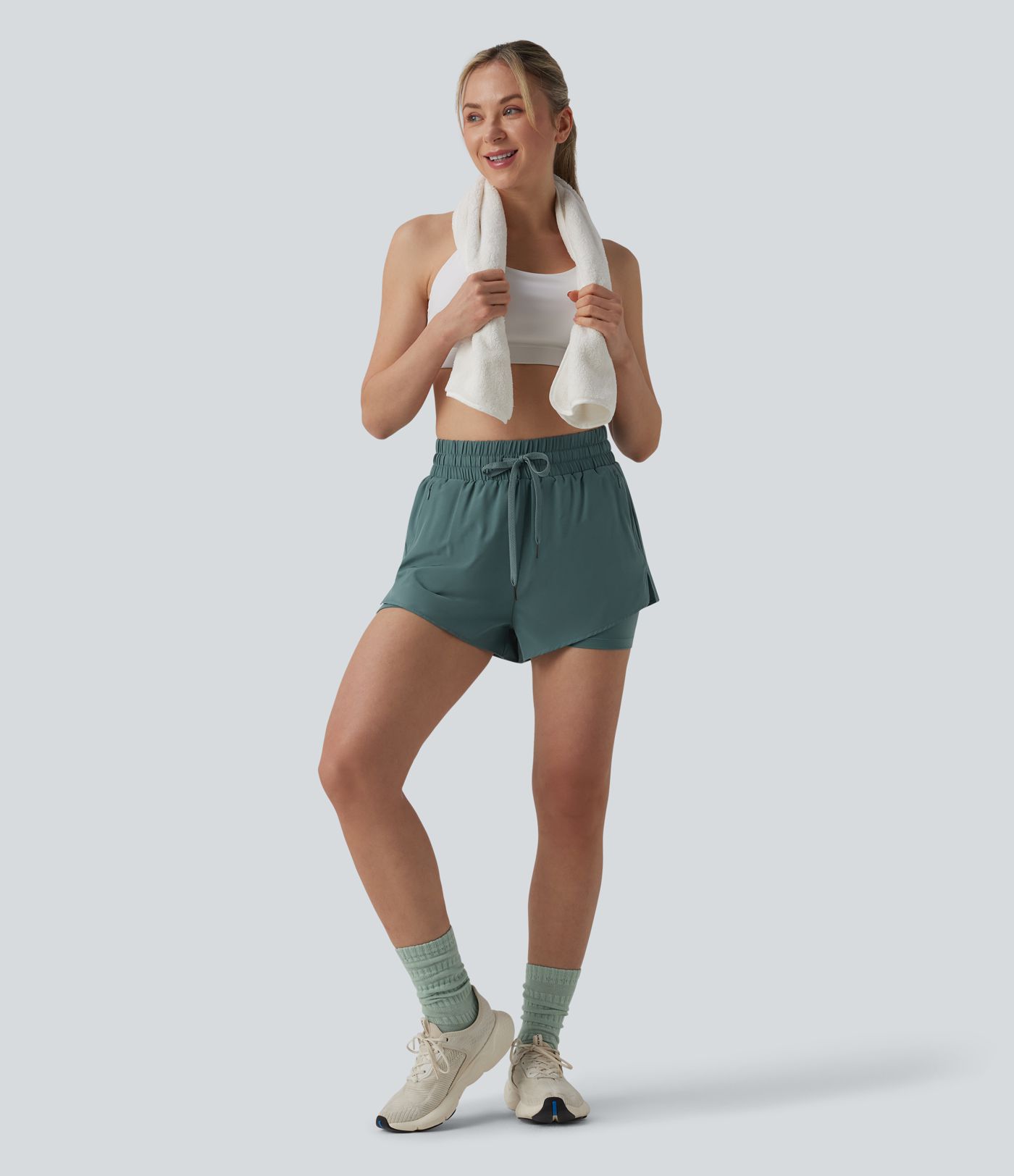 High Waisted Drawstring 2-in-1 Running Shorts with Pockets High Waisted Drawstring 2-in-1 Running Shorts with Pockets