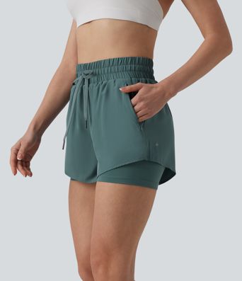 High Waisted Drawstring 2-in-1 Running Shorts with Pockets High Waisted Drawstring 2-in-1 Running Shorts with Pockets