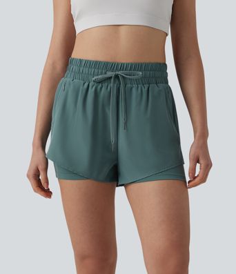 High Waisted Drawstring 2-in-1 Running Shorts with Pockets High Waisted Drawstring 2-in-1 Running Shorts with Pockets