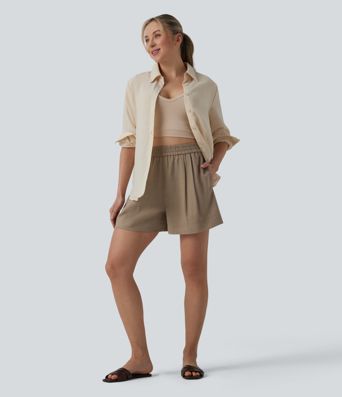 High Waisted Casual Linen-Feel Shorts with Pockets