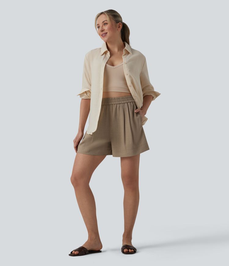 High Waisted Casual Linen-Feel Shorts with Pockets