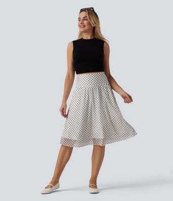 High Waisted Tummy Control Polka Dot Mesh Knee Length Casual Skirt with Pockets