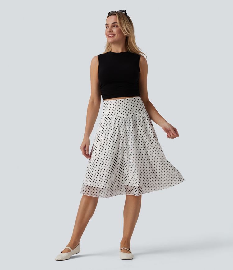 High Waisted Tummy Control Polka Dot Mesh Knee Length Casual Skirt with Pockets