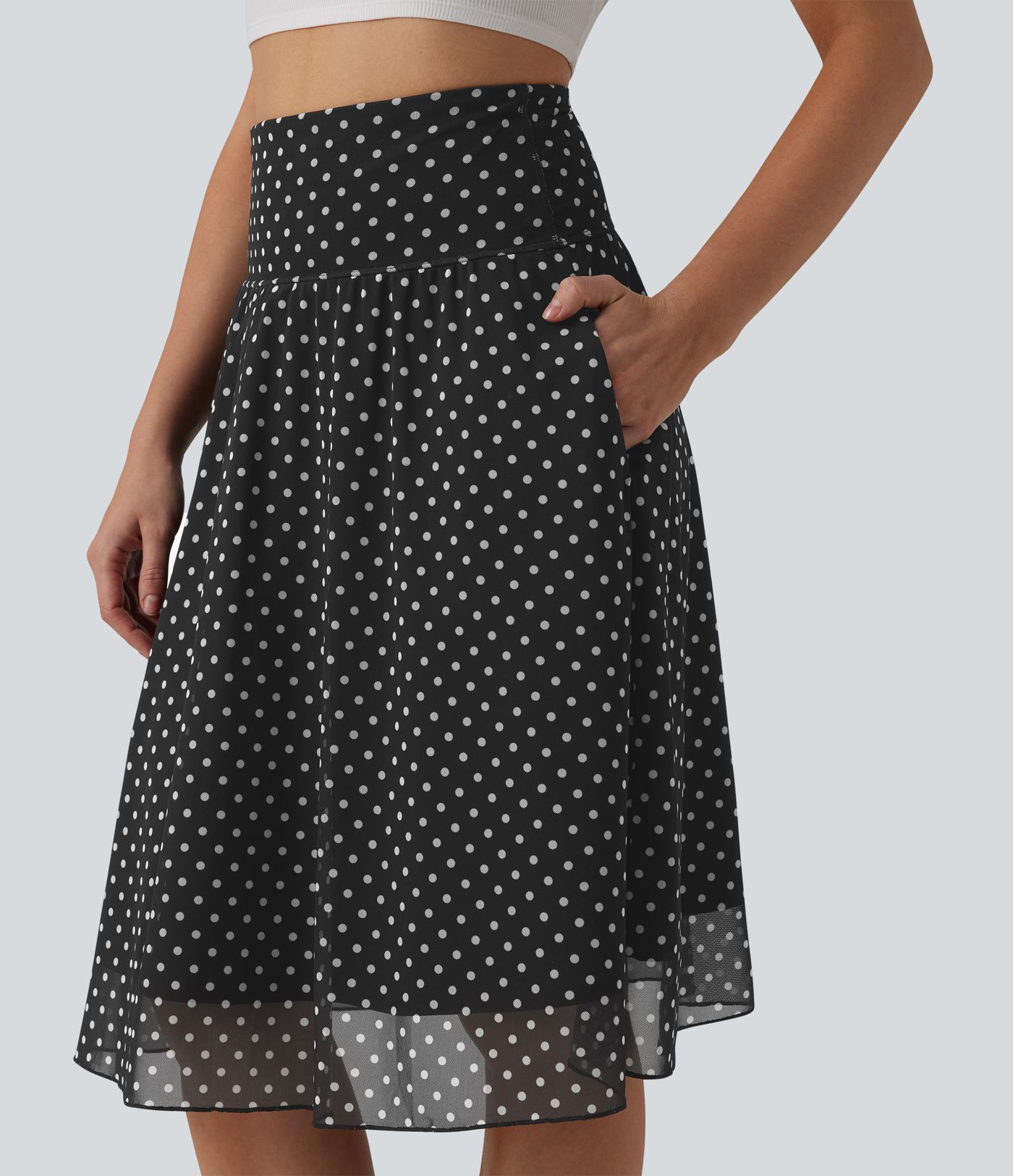 High Waisted Tummy Control Polka Dot Mesh Knee Length Casual Skirt with Pockets