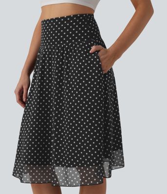High Waisted Tummy Control Polka Dot Mesh Knee Length Casual Skirt with Pockets