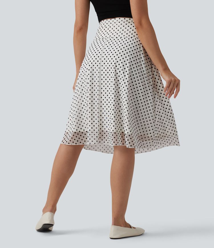 High Waisted Tummy Control Polka Dot Mesh Knee Length Casual Skirt with Pockets