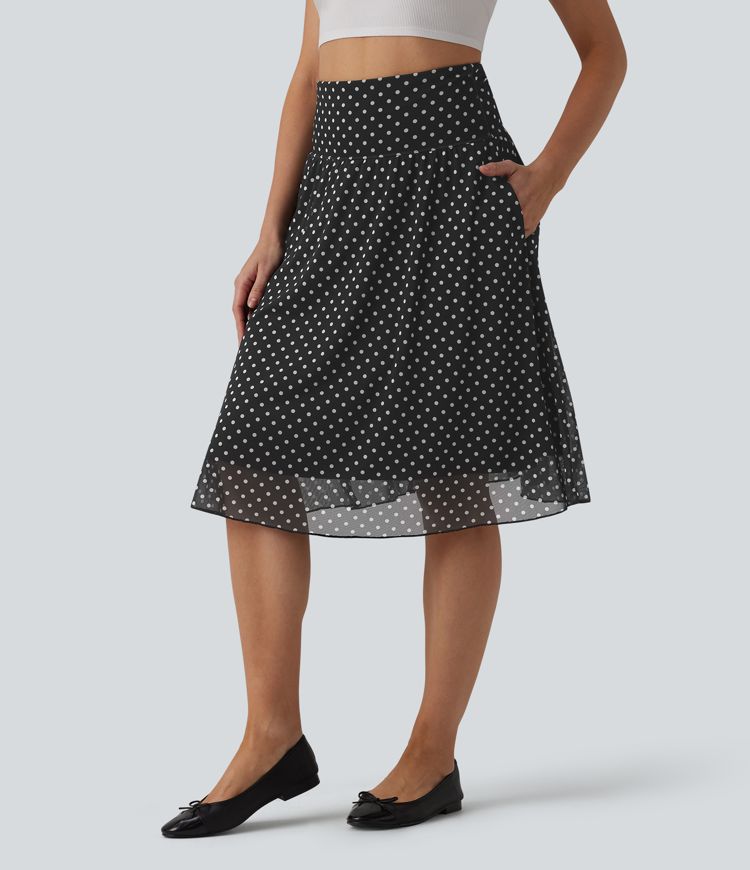High Waisted Tummy Control Polka Dot Mesh Knee Length Casual Skirt with Pockets