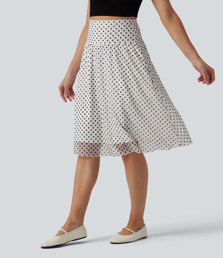 High Waisted Tummy Control Polka Dot Mesh Knee Length Casual Skirt with Pockets