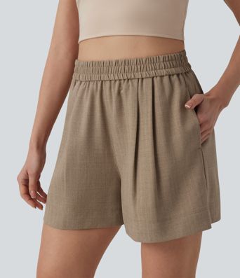 High Waisted Casual Linen-Feel Shorts with Pockets