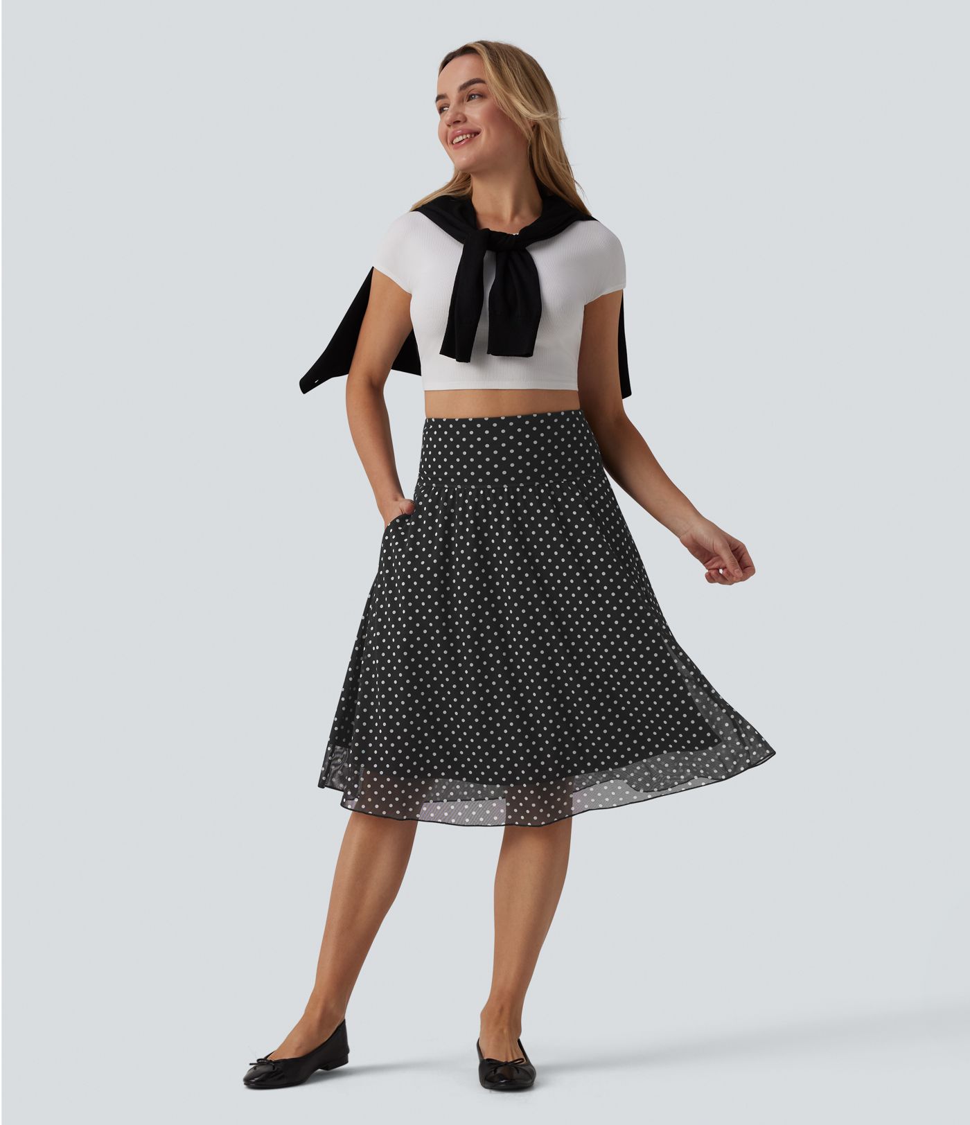 High Waisted Tummy Control Polka Dot Mesh Knee Length Casual Skirt with Pockets
