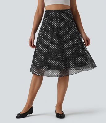 High Waisted Tummy Control Polka Dot Mesh Knee Length Casual Skirt with Pockets