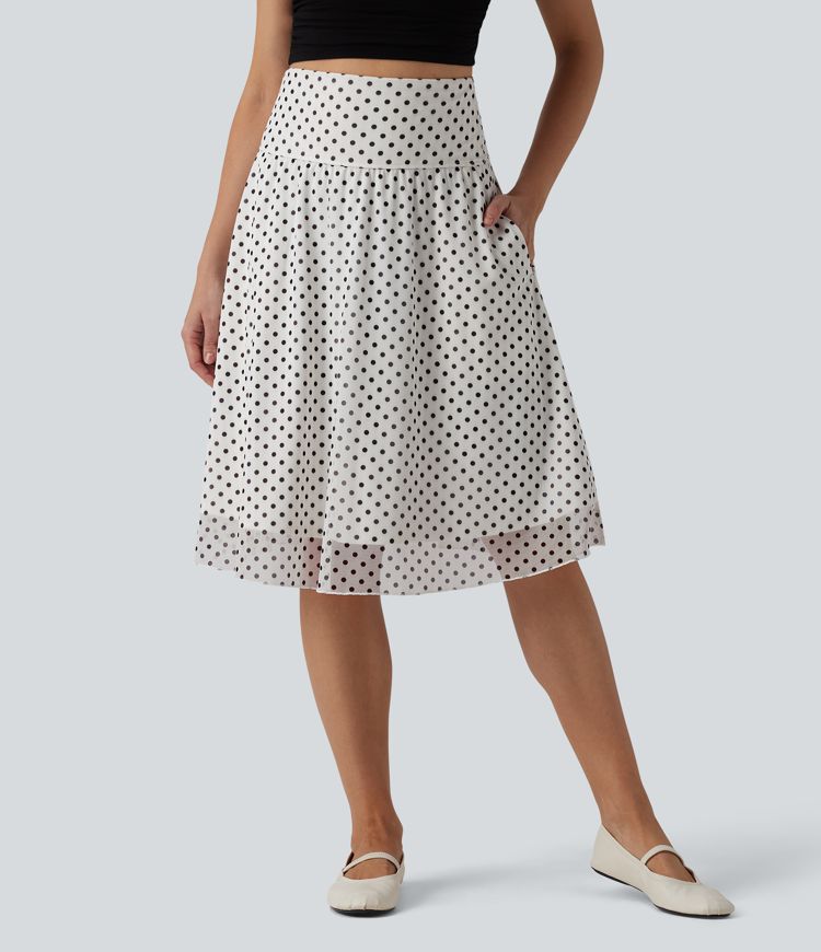 High Waisted Tummy Control Polka Dot Mesh Knee Length Casual Skirt with Pockets