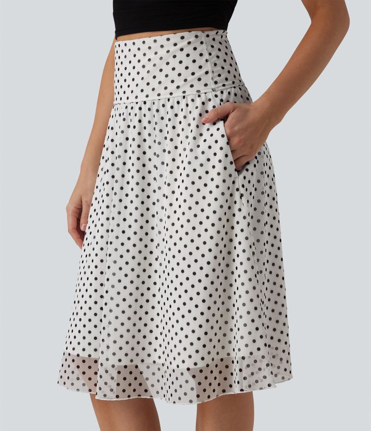 High Waisted Tummy Control Polka Dot Mesh Knee Length Casual Skirt with Pockets