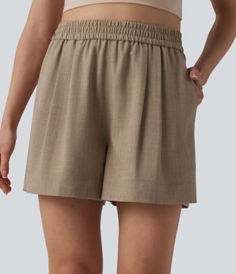 High Waisted Casual Linen-Feel Shorts with Pockets