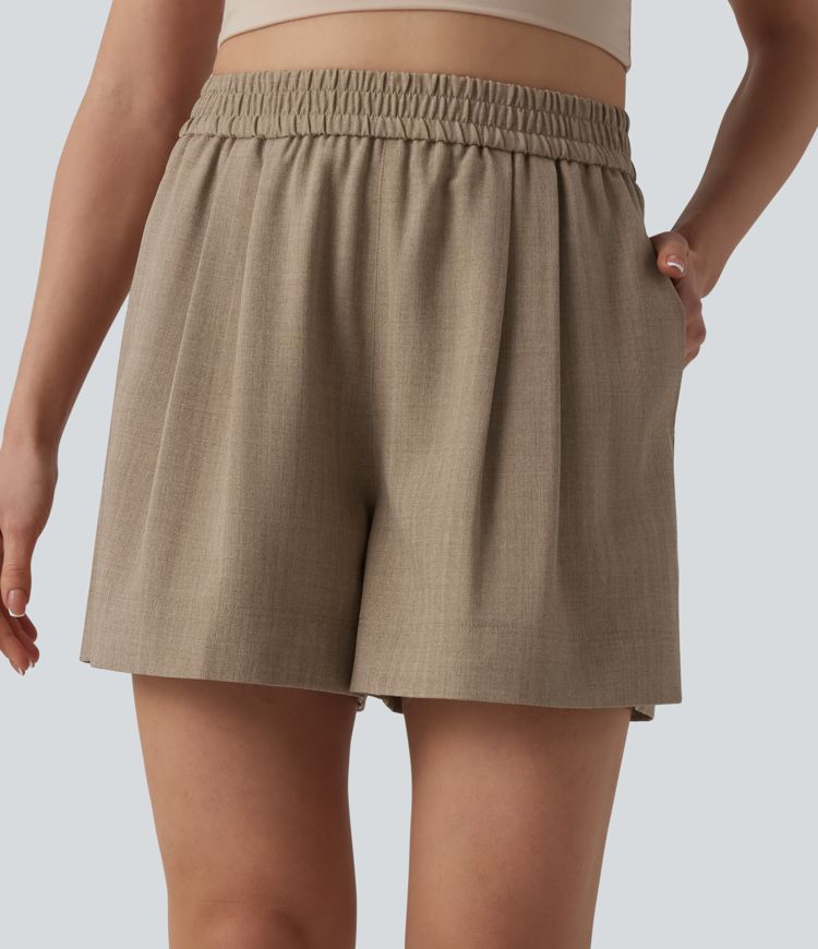 High Waisted Casual Linen-Feel Shorts with Pockets