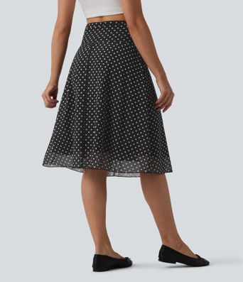 High Waisted Tummy Control Polka Dot Mesh Knee Length Casual Skirt with Pockets
