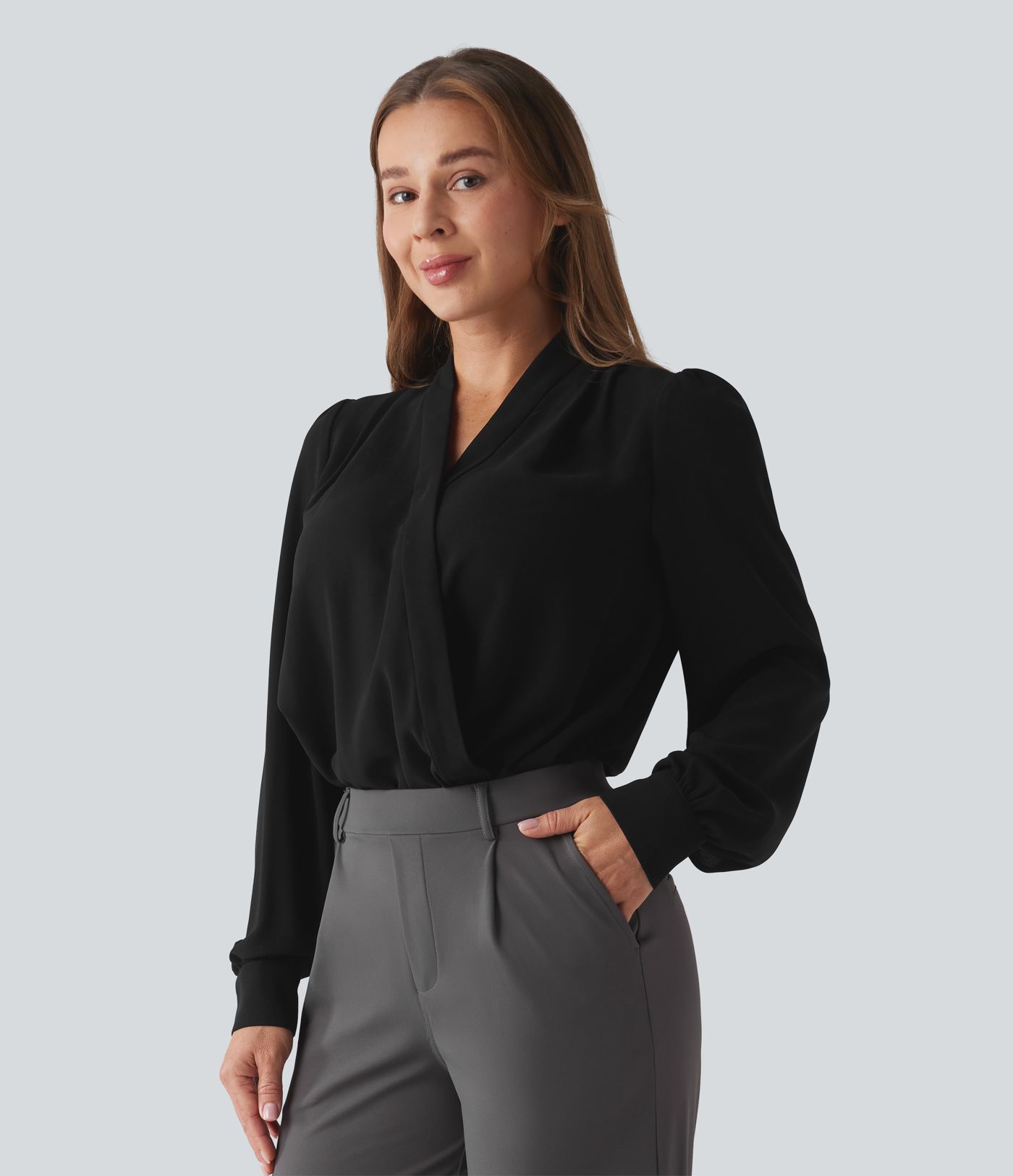 Work bodysuit with long sleeves and crossover design