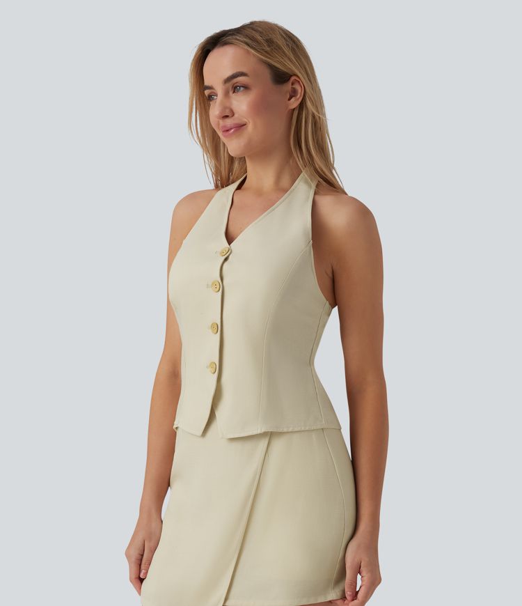 Halter Casual Linen-Blend Tank Top