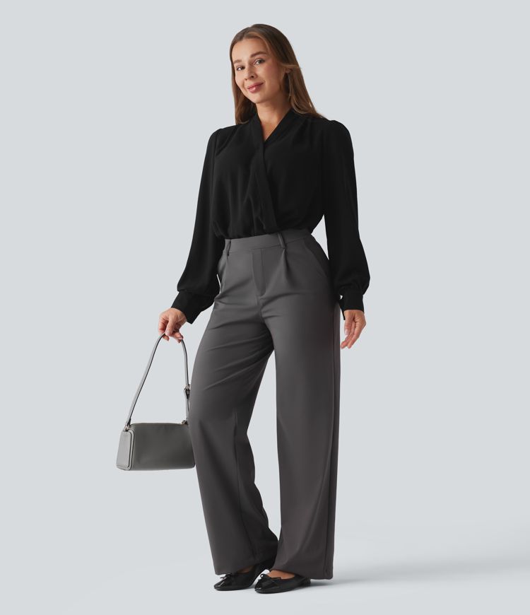 Work bodysuit with long sleeves and crossover design