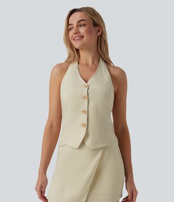 Halter Casual Linen-Blend Tank Top