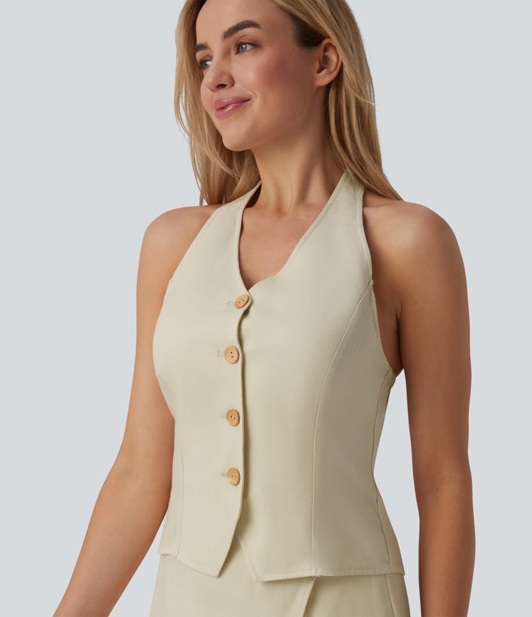 Halter Casual Linen-Blend Tank Top