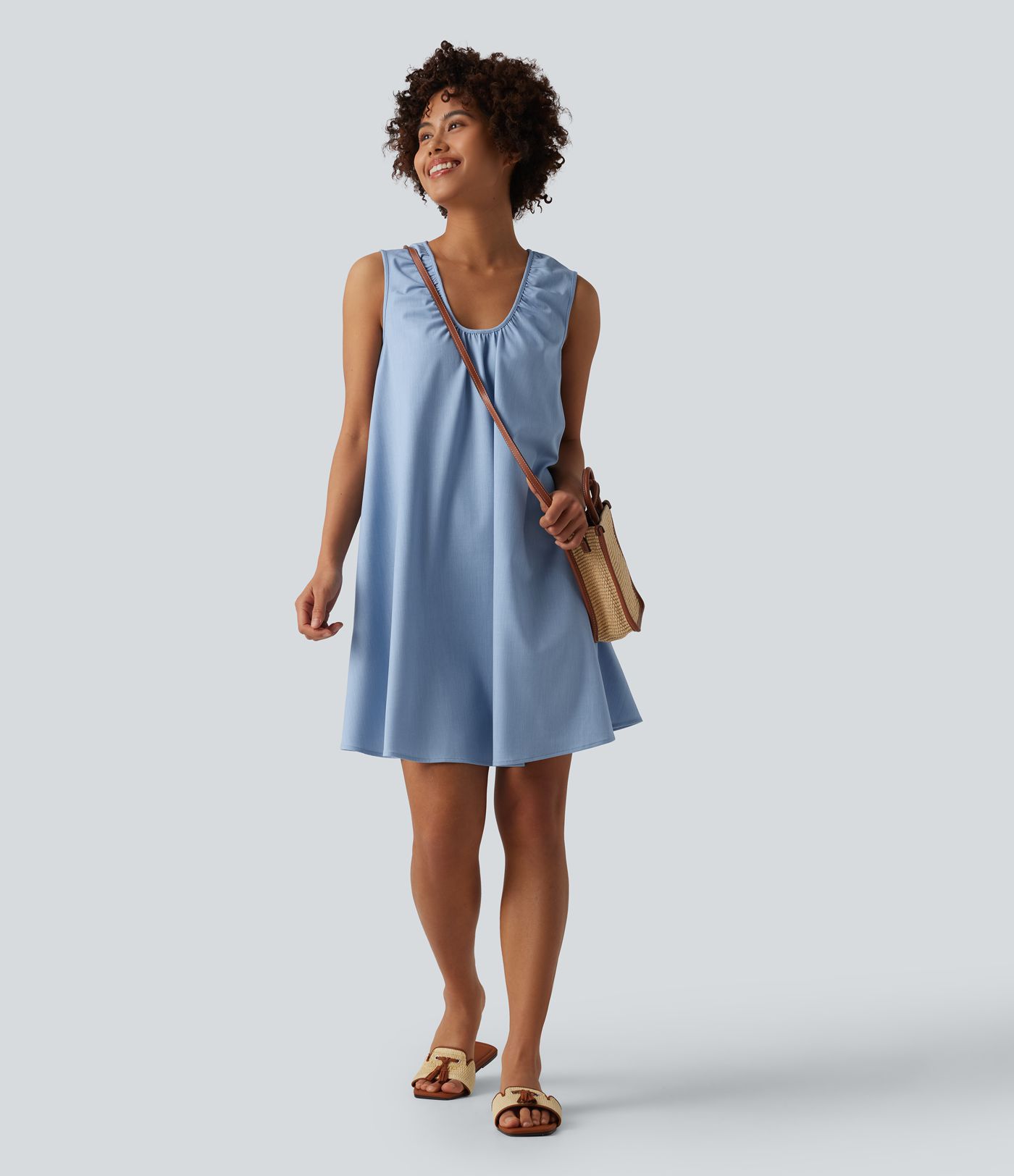 Robe mini resort col U sans manches aspect jean avec poches