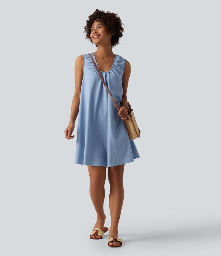 Robe mini resort col U sans manches aspect jean avec poches