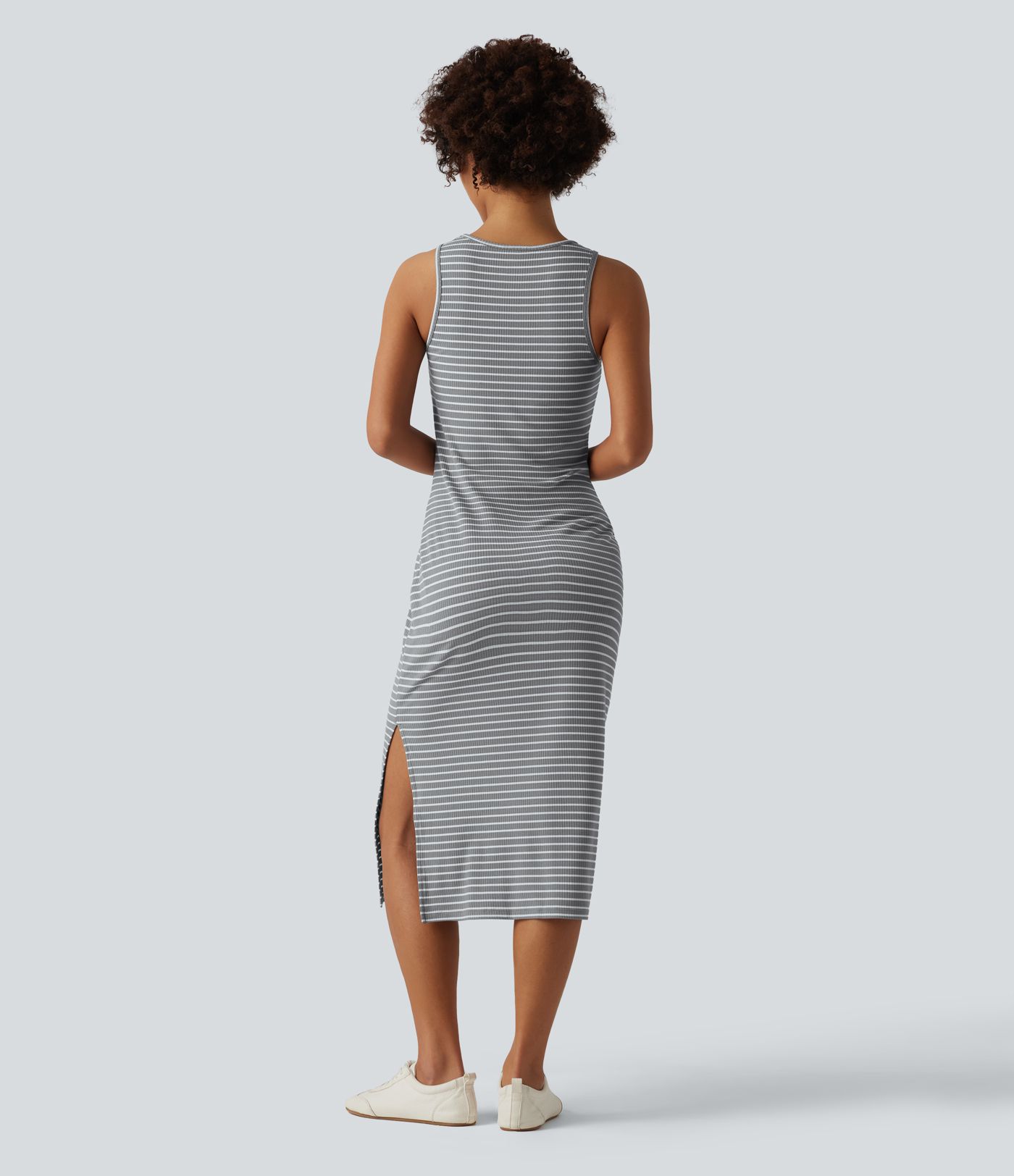 Round Neck Sleeveless Bodycon Stripe Midi Casual Dress