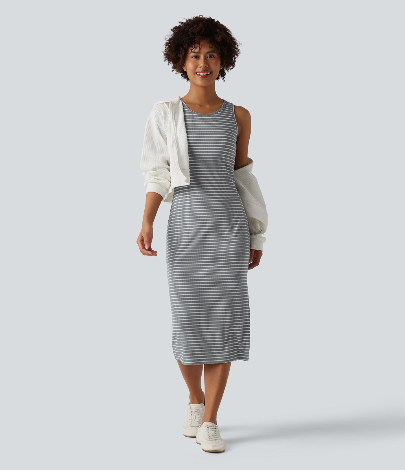 Round Neck Sleeveless Bodycon Stripe Midi Casual Dress