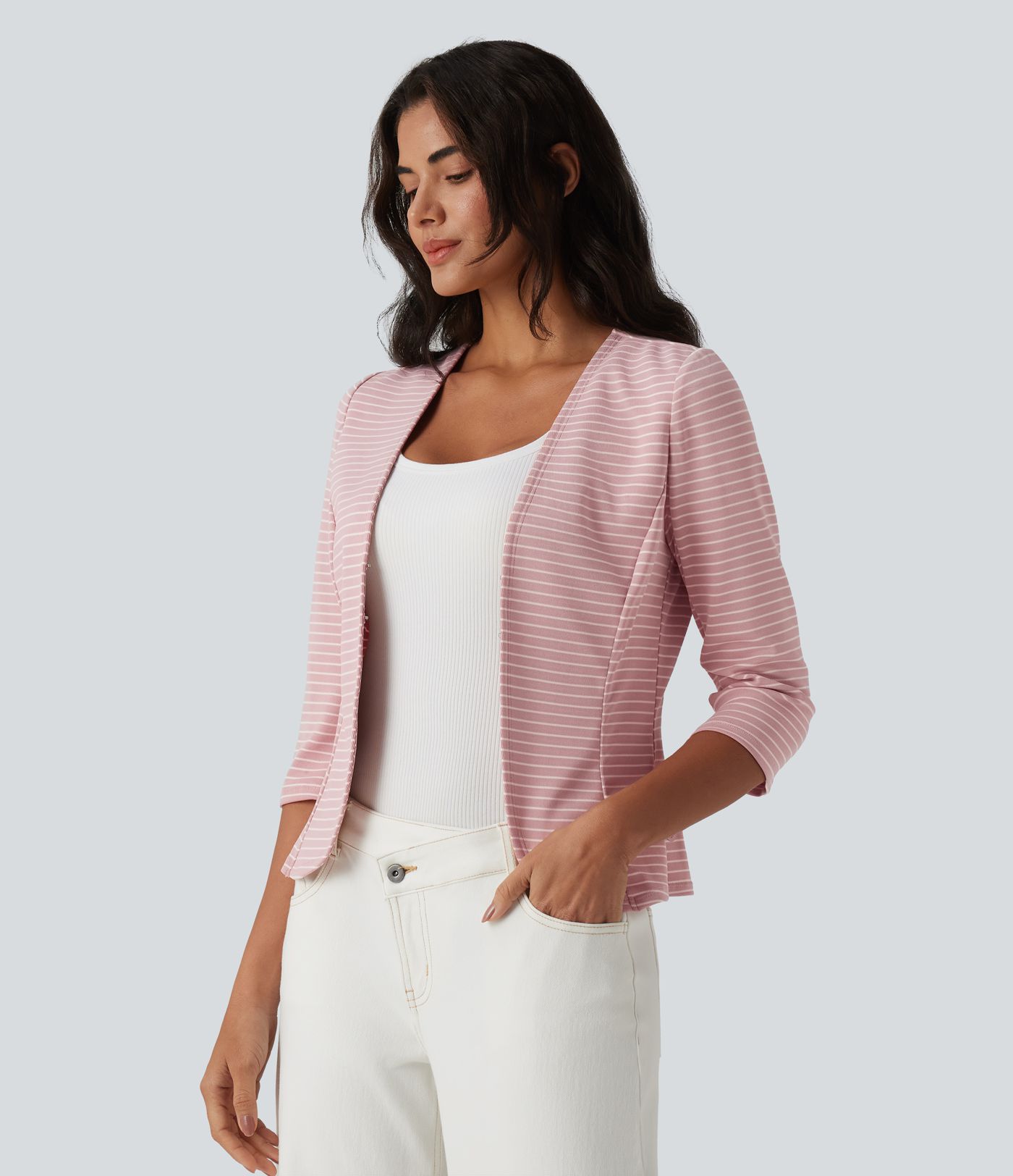 Lässiger Blazer aus geripptem Strick mit V-Ausschnitt, 3/4-Ärmeln, Streifen und offener Vorderseite