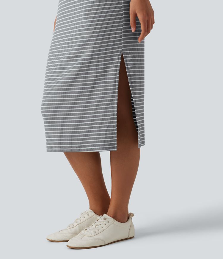 Round Neck Sleeveless Bodycon Stripe Midi Casual Dress