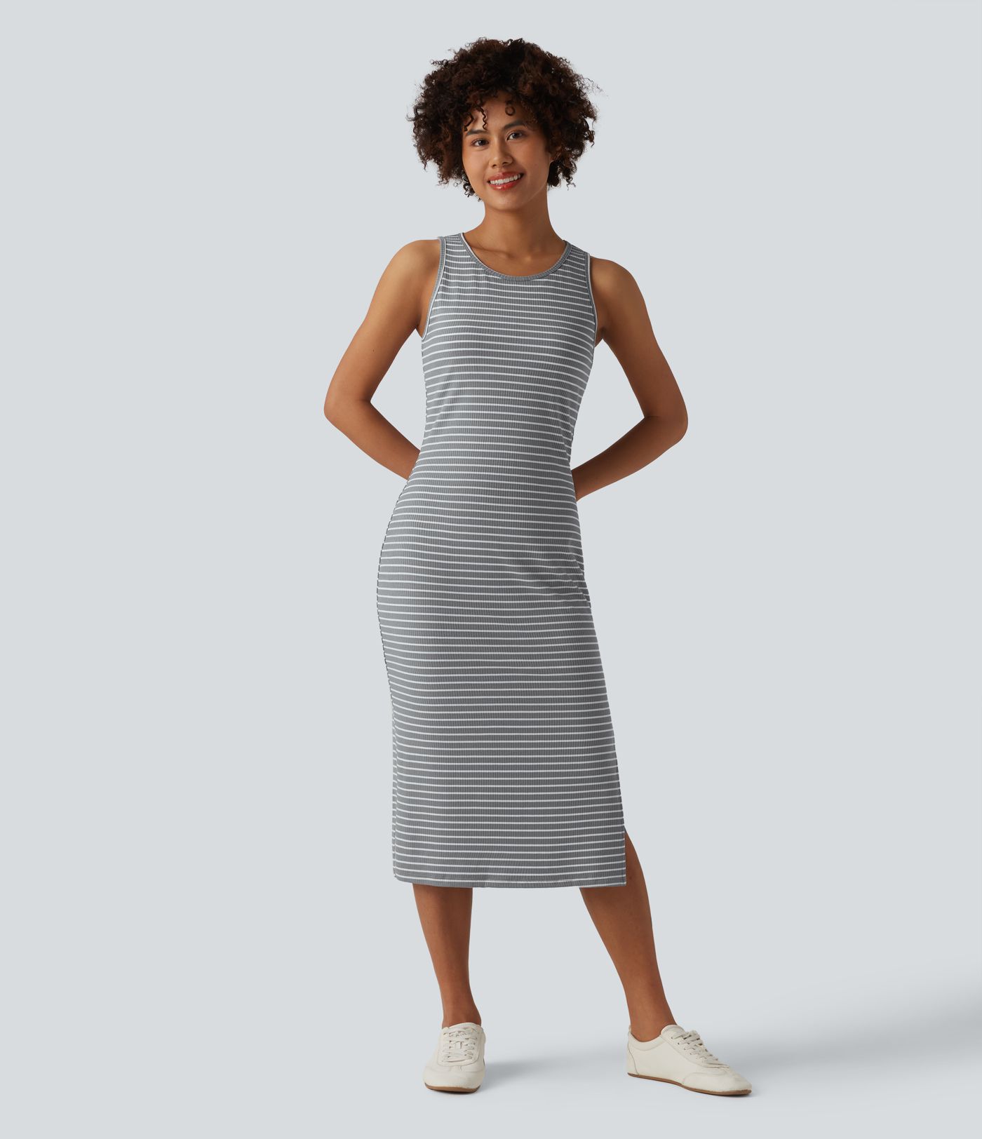 Round Neck Sleeveless Bodycon Stripe Midi Casual Dress