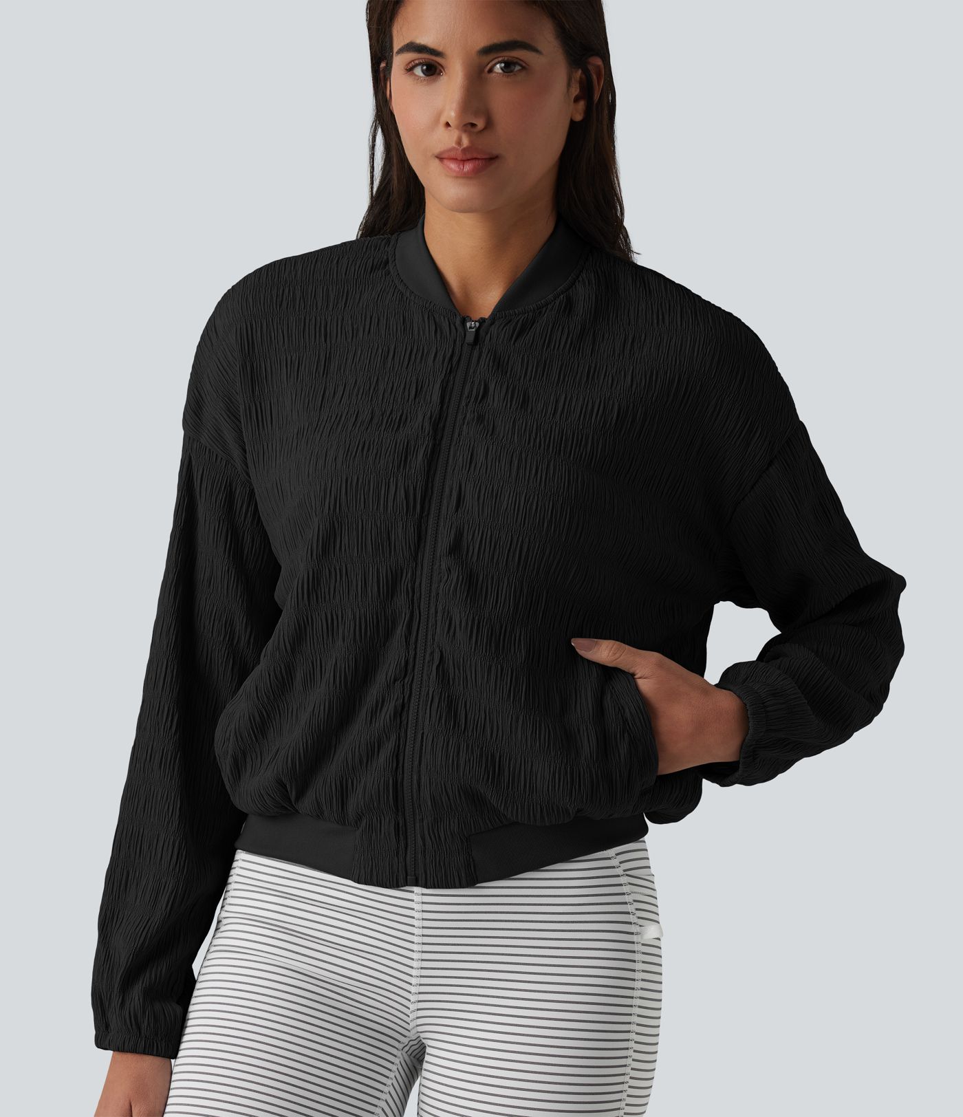 Long Sleeve Casual Bomber Jacket with Pockets