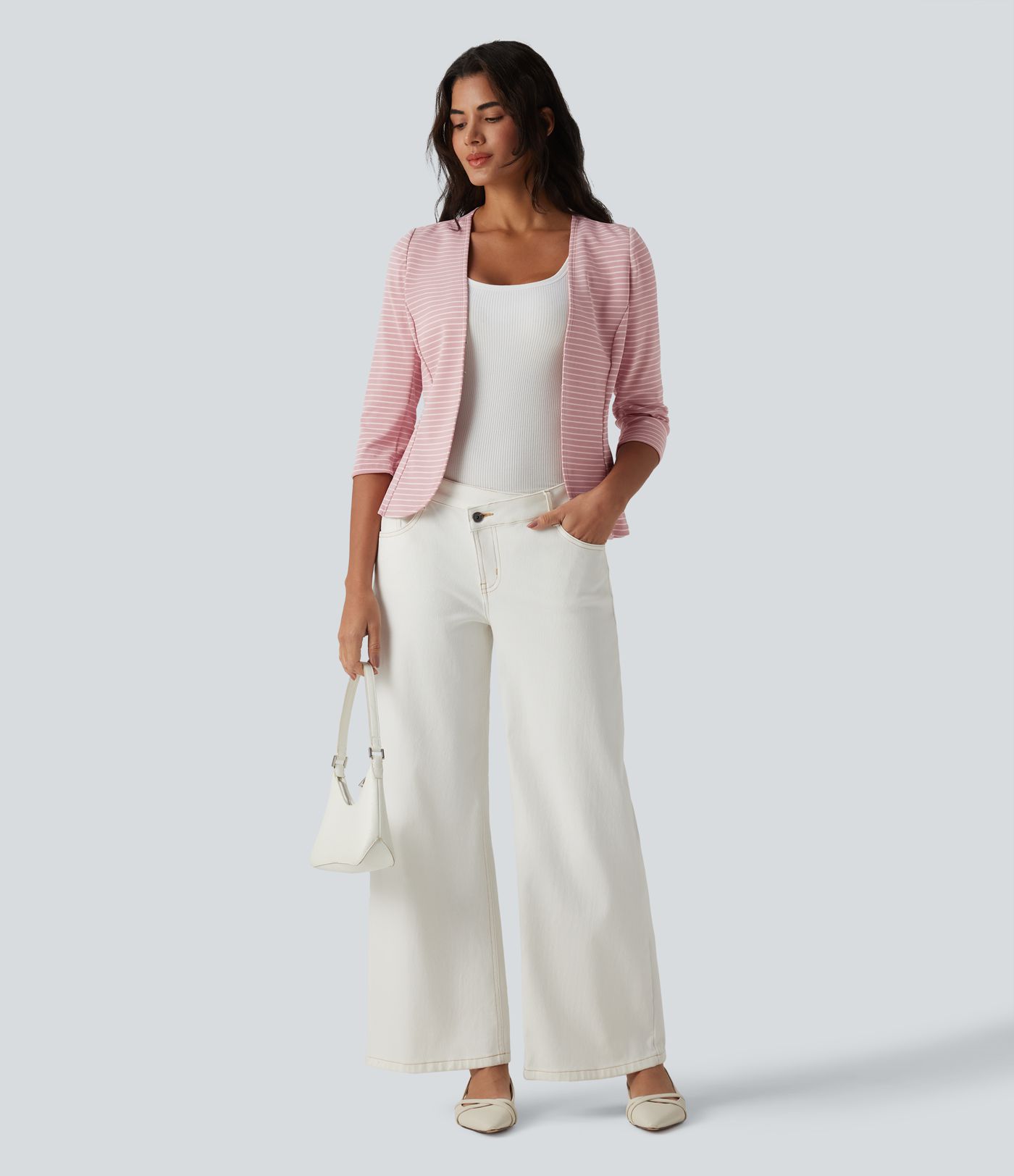 Lässiger Blazer aus geripptem Strick mit V-Ausschnitt, 3/4-Ärmeln, Streifen und offener Vorderseite